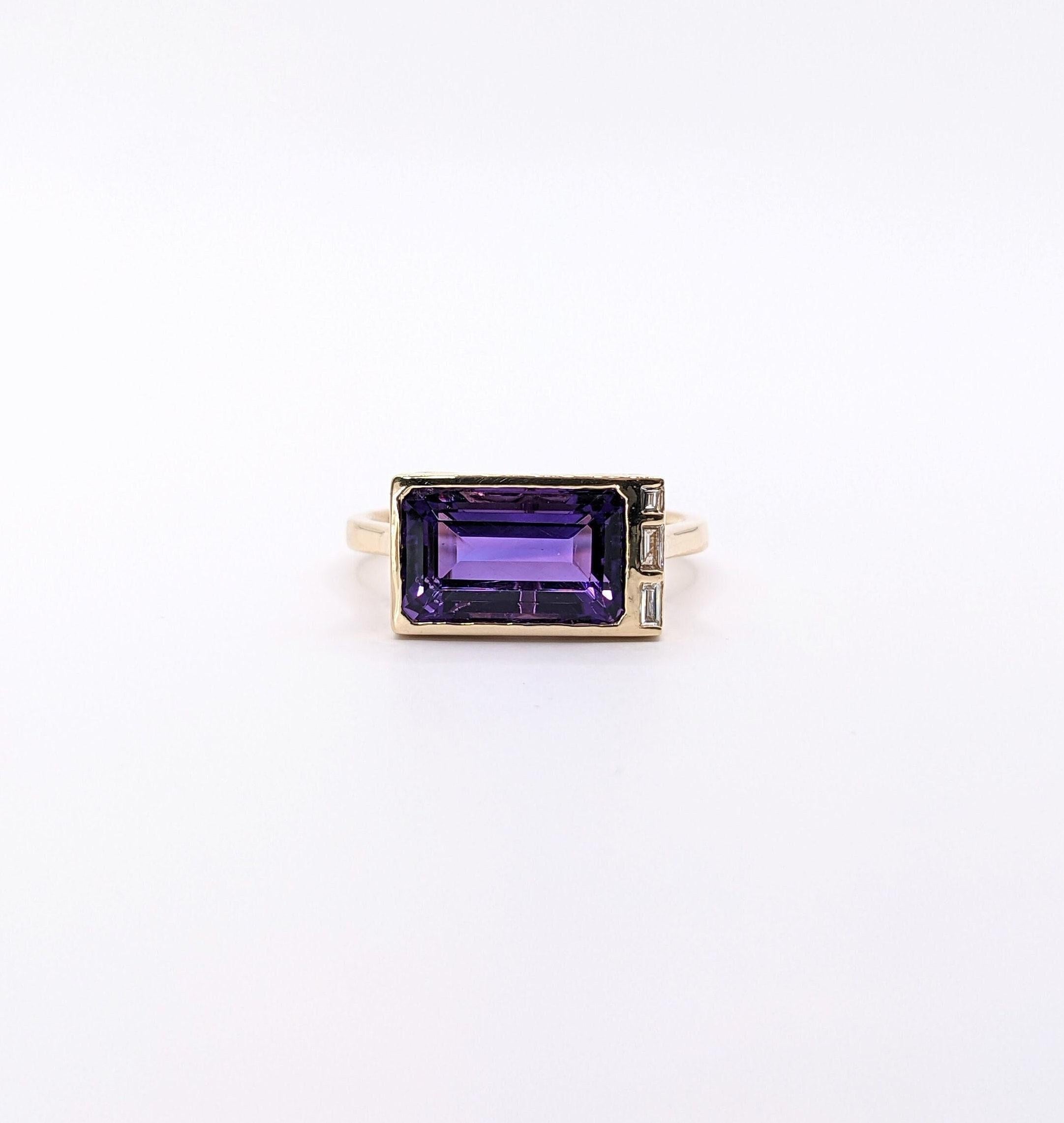 4.6ct East West Amethyst Ring w Earth Mined Diamonds in Solid 14k Gold | EM 12x7