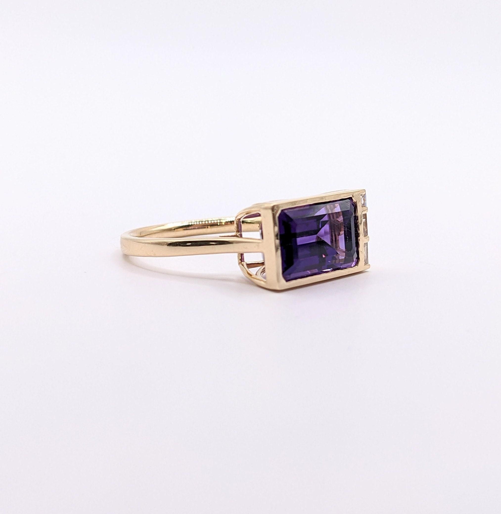 4.6ct East West Amethyst Ring w Earth Mined Diamonds in Solid 14k Gold | EM 12x7