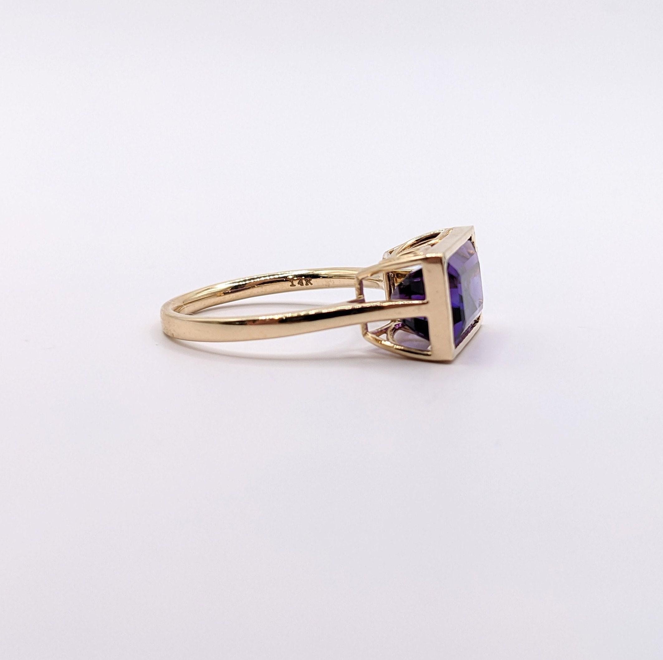 4.6ct East West Amethyst Ring w Earth Mined Diamonds in Solid 14k Gold | EM 12x7