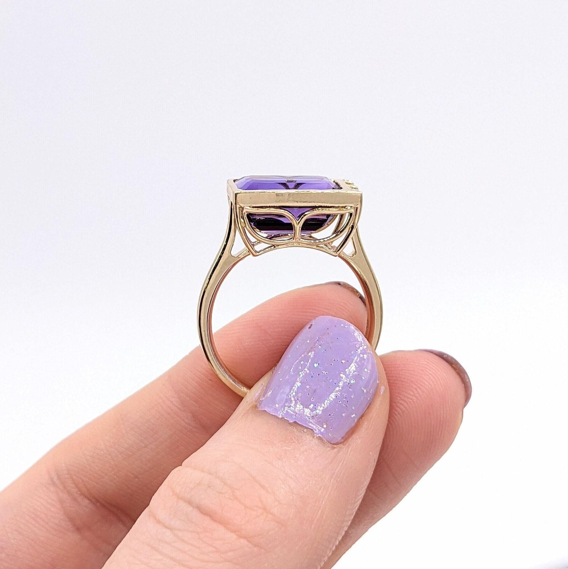 4.6ct East West Amethyst Ring w Earth Mined Diamonds in Solid 14k Gold | EM 12x7