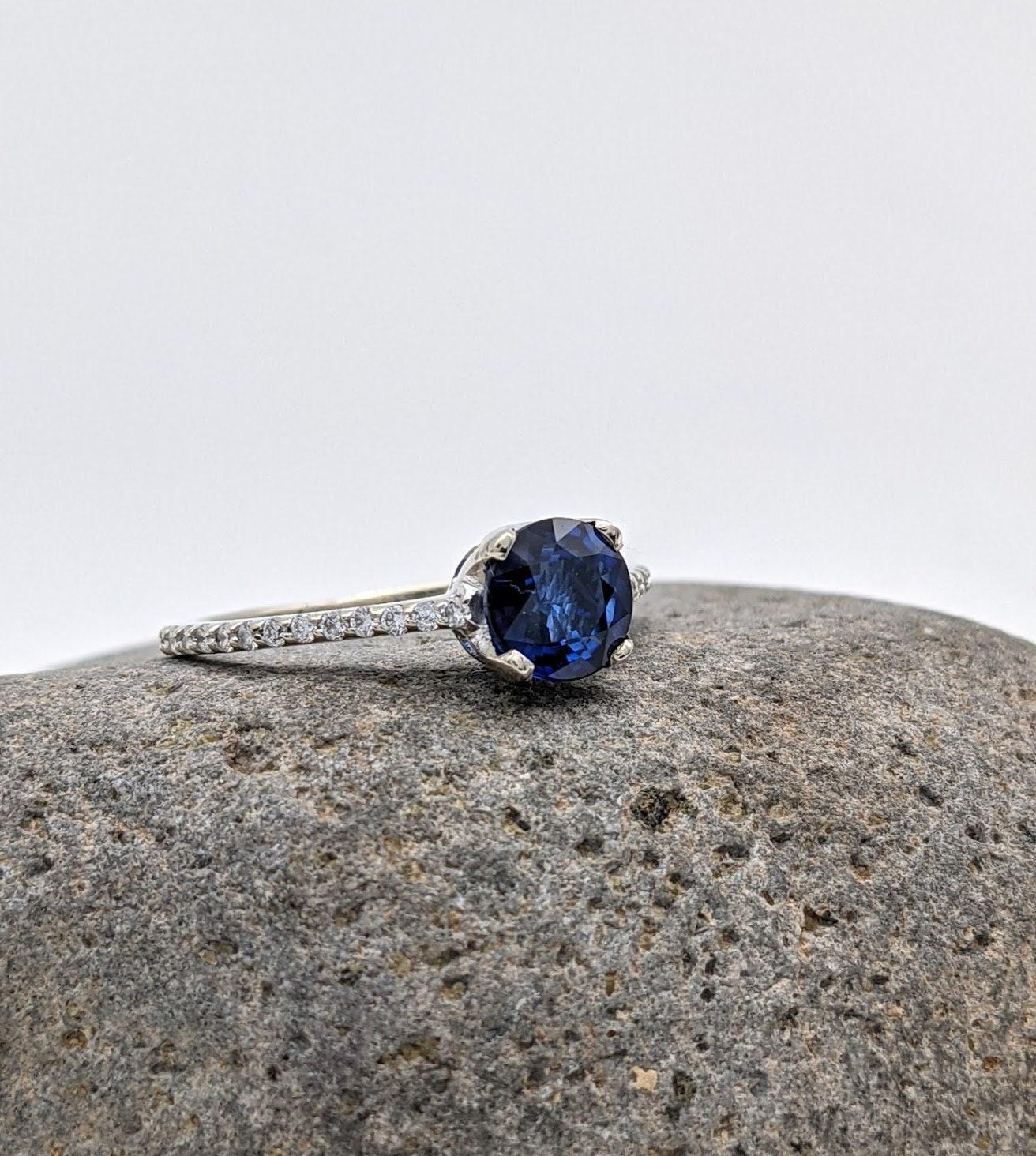 Blue Sapphire Ring w Earth Mined Diamonds in Solid 14k White Gold Round 6.5mm