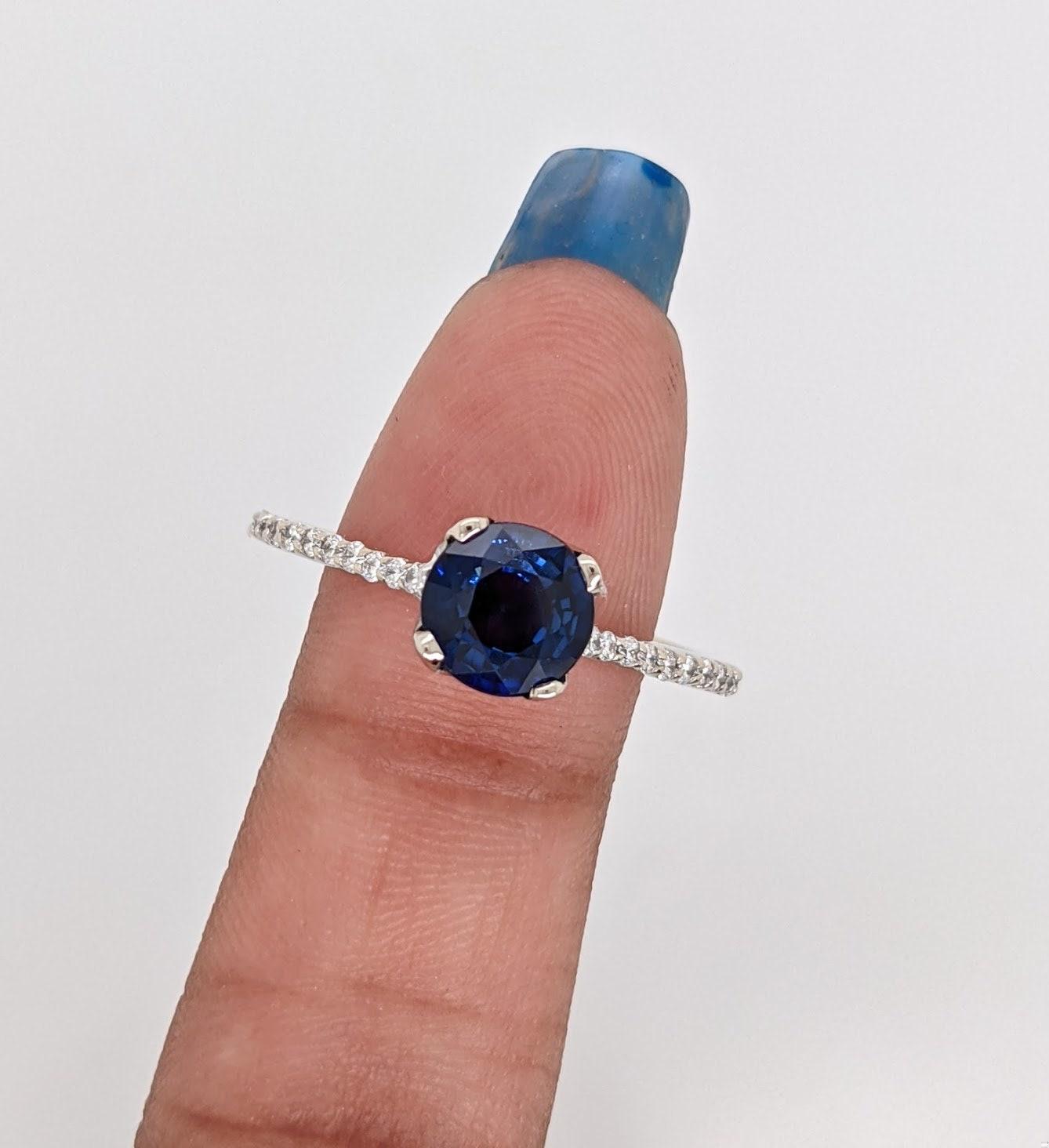 Blue Sapphire Ring w Earth Mined Diamonds in Solid 14k White Gold Round 6.5mm