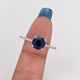 Blue Sapphire Ring w Earth Mined Diamonds in Solid 14k White Gold Round 6.5mm