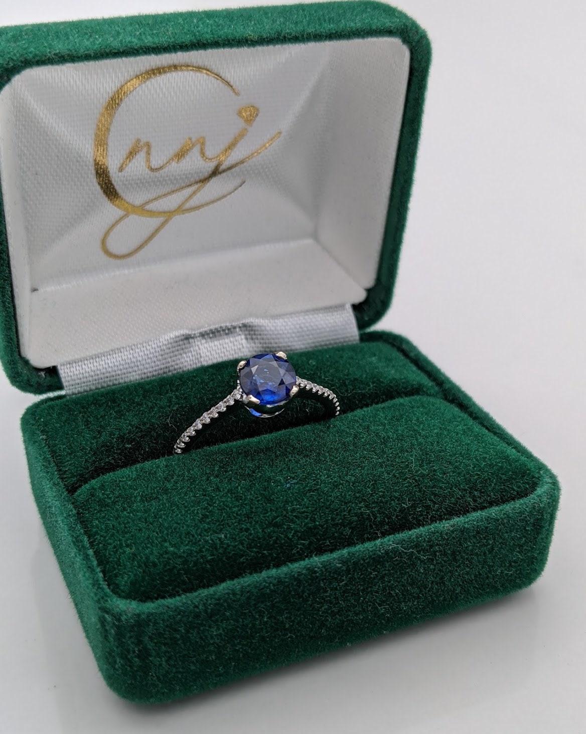 Blue Sapphire Ring w Earth Mined Diamonds in Solid 14k White Gold Round 6.5mm