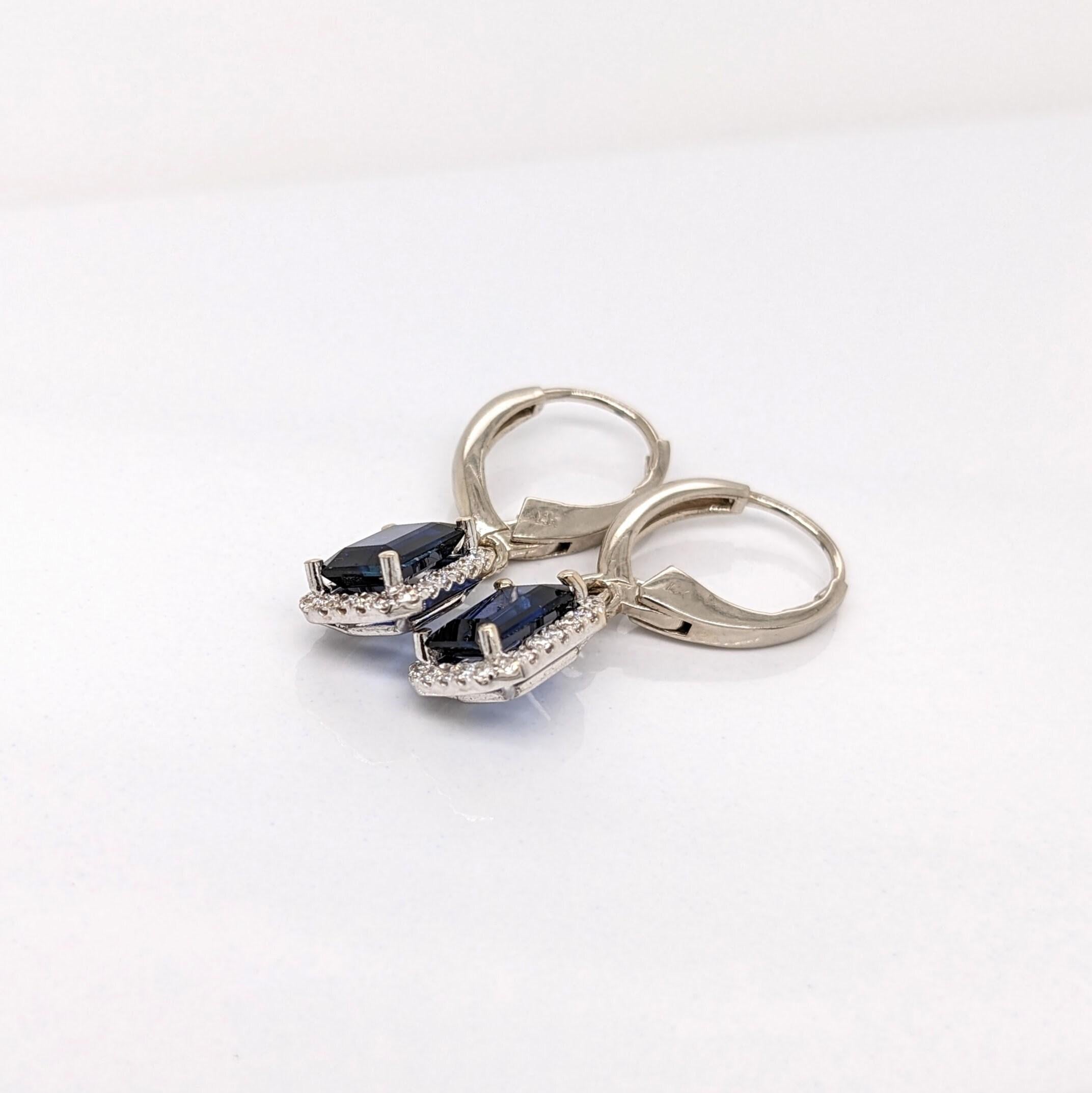 Blue Sapphire Dangle Earrings w Earth Mined Diamonds in Solid 14K Gold EM 7x5mm