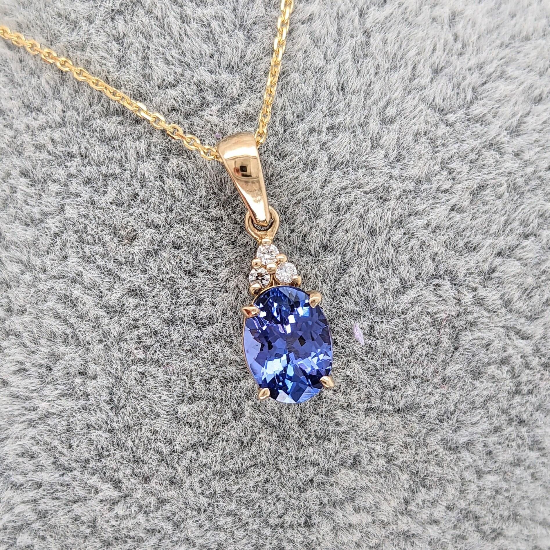 Classic Tanzanite Pendant w Earth Mined Diamonds in Solid 14K Yellow Gold OV 8x6