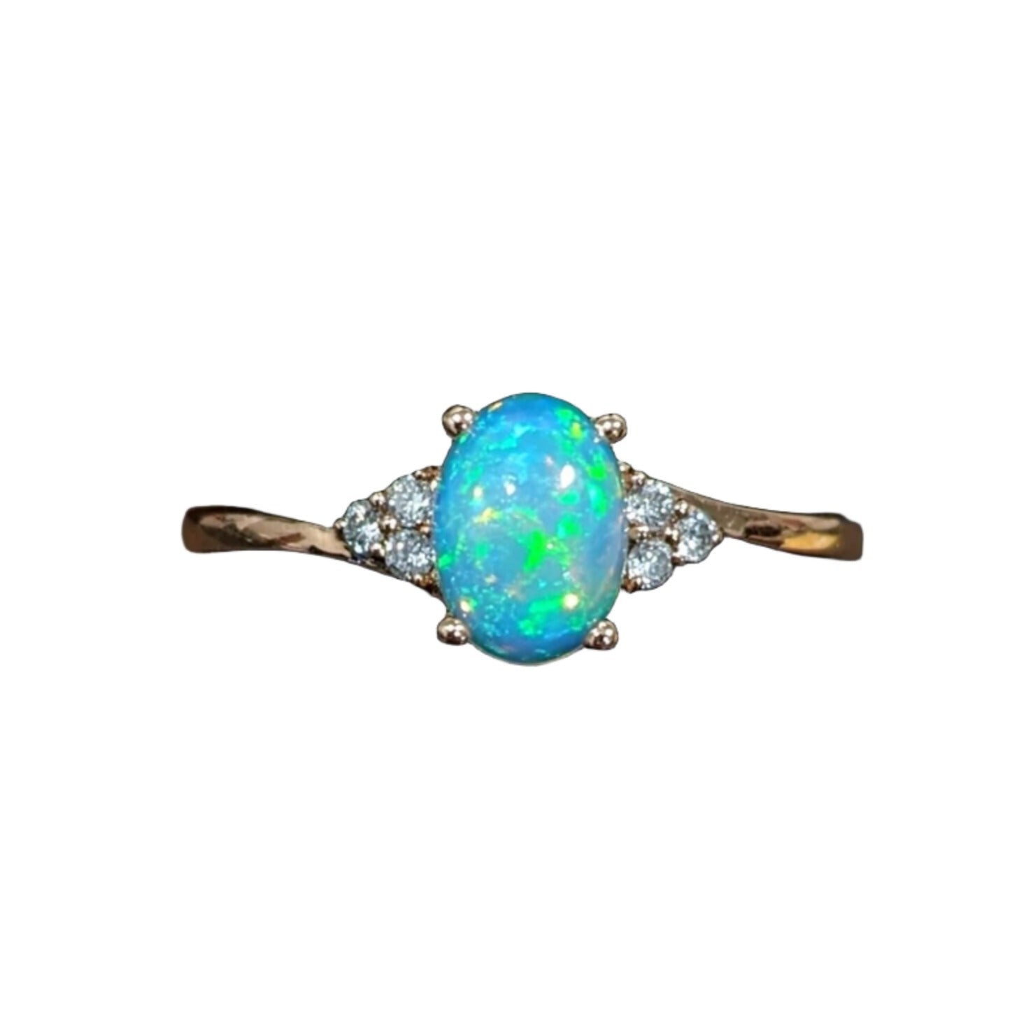 Ethiopian Opal Bypass Ring w Earth Mined Diamonds in Solid 14K Gold Oval 7x5mm