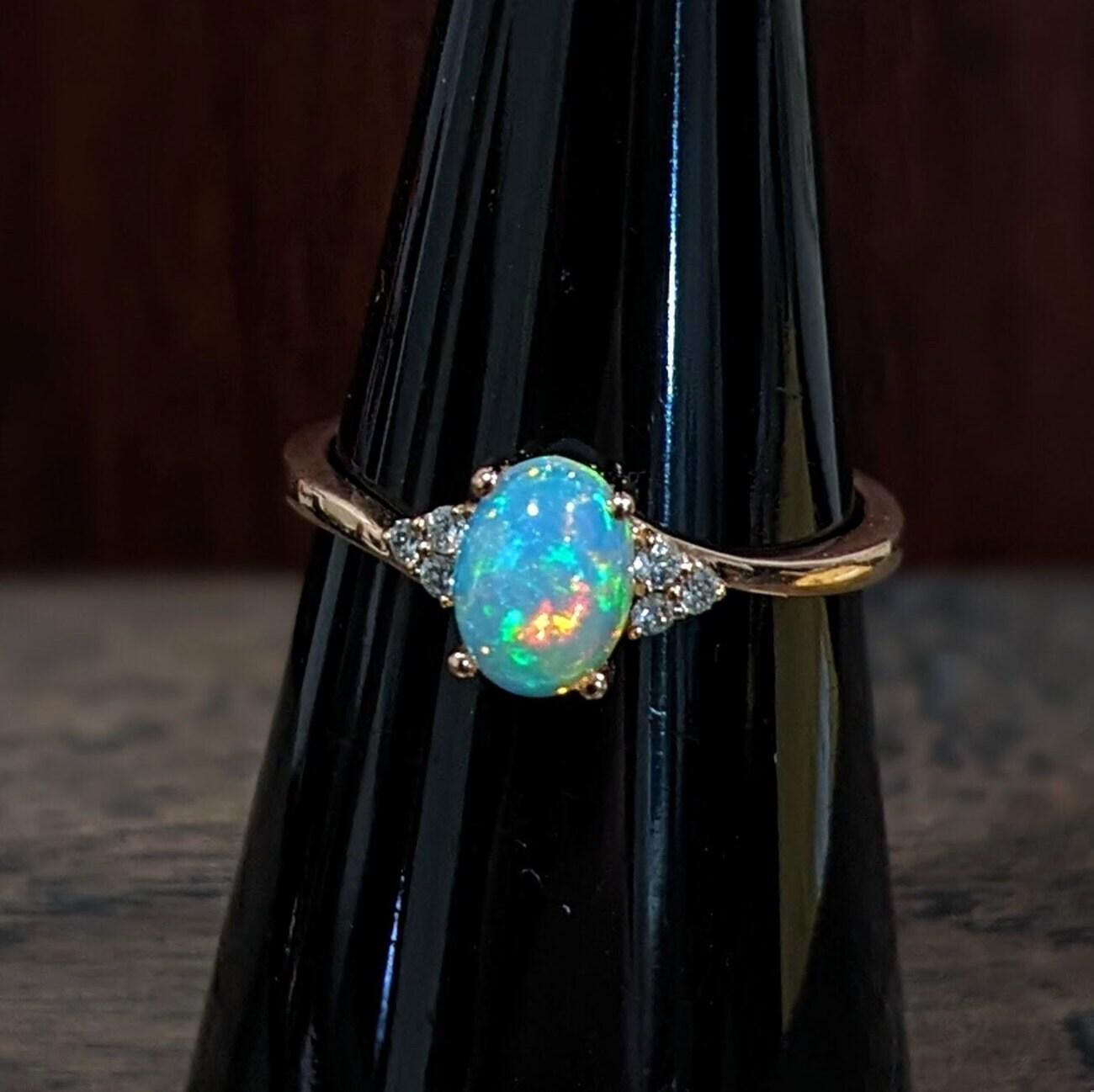 Ethiopian Opal Bypass Ring w Earth Mined Diamonds in Solid 14K Gold Oval 7x5mm