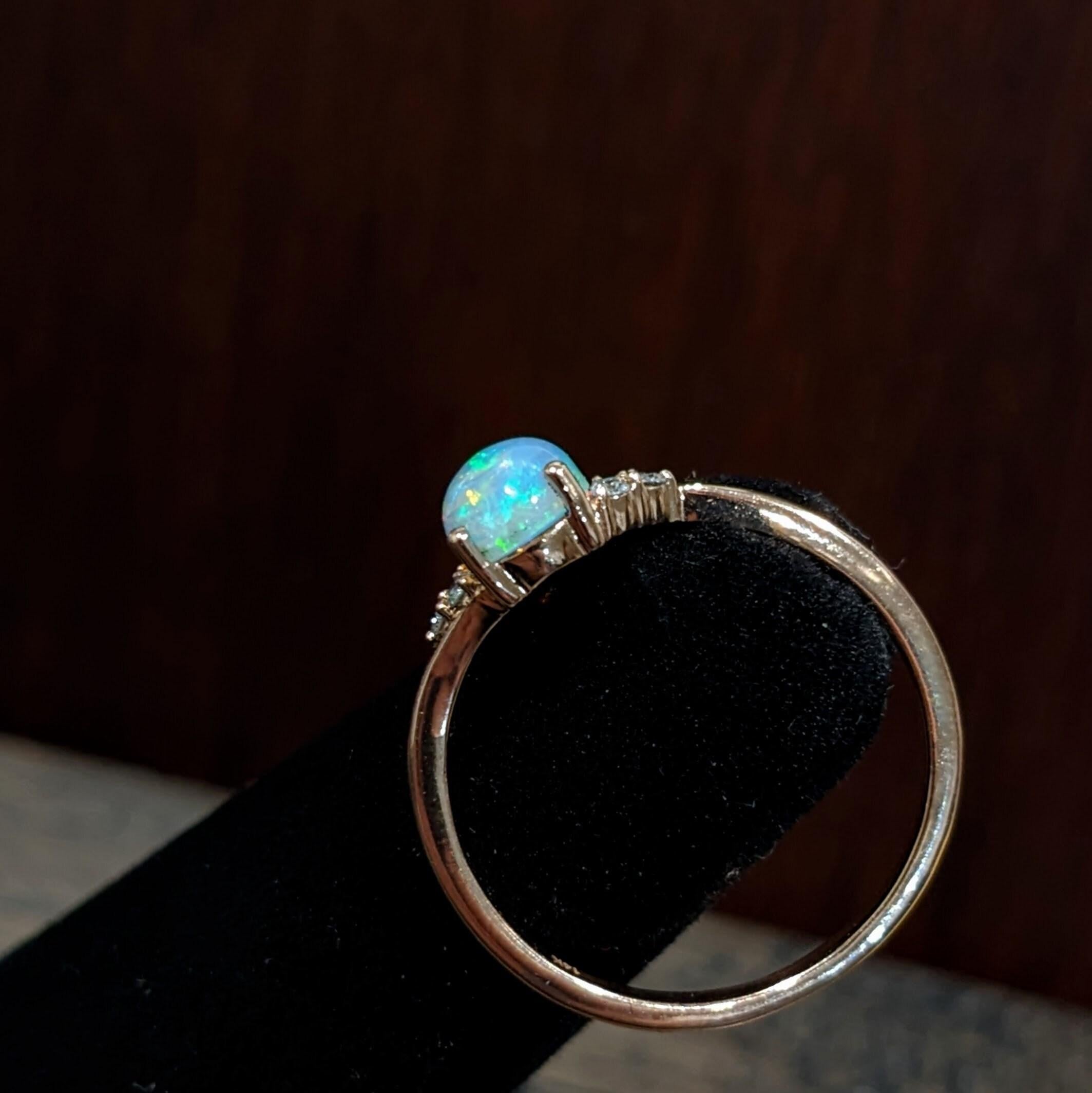 Ethiopian Opal Bypass Ring w Earth Mined Diamonds in Solid 14K Gold Oval 7x5mm