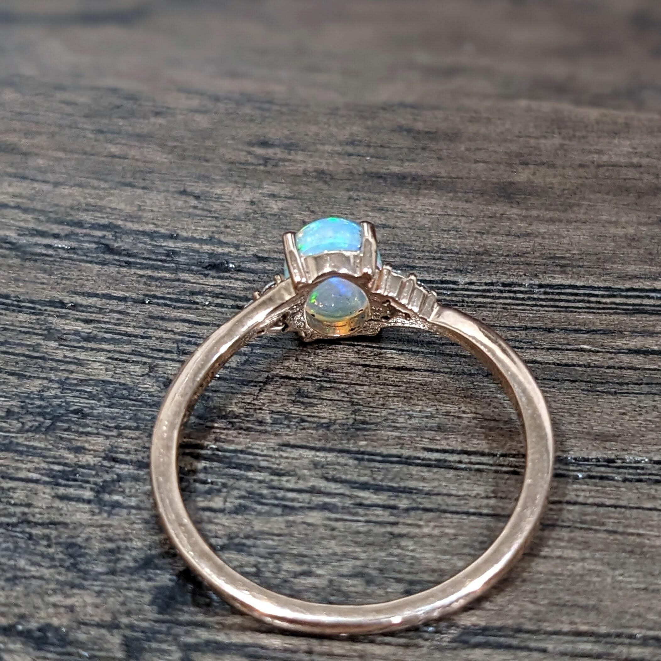 Ethiopian Opal Bypass Ring w Earth Mined Diamonds in Solid 14K Gold Oval 7x5mm