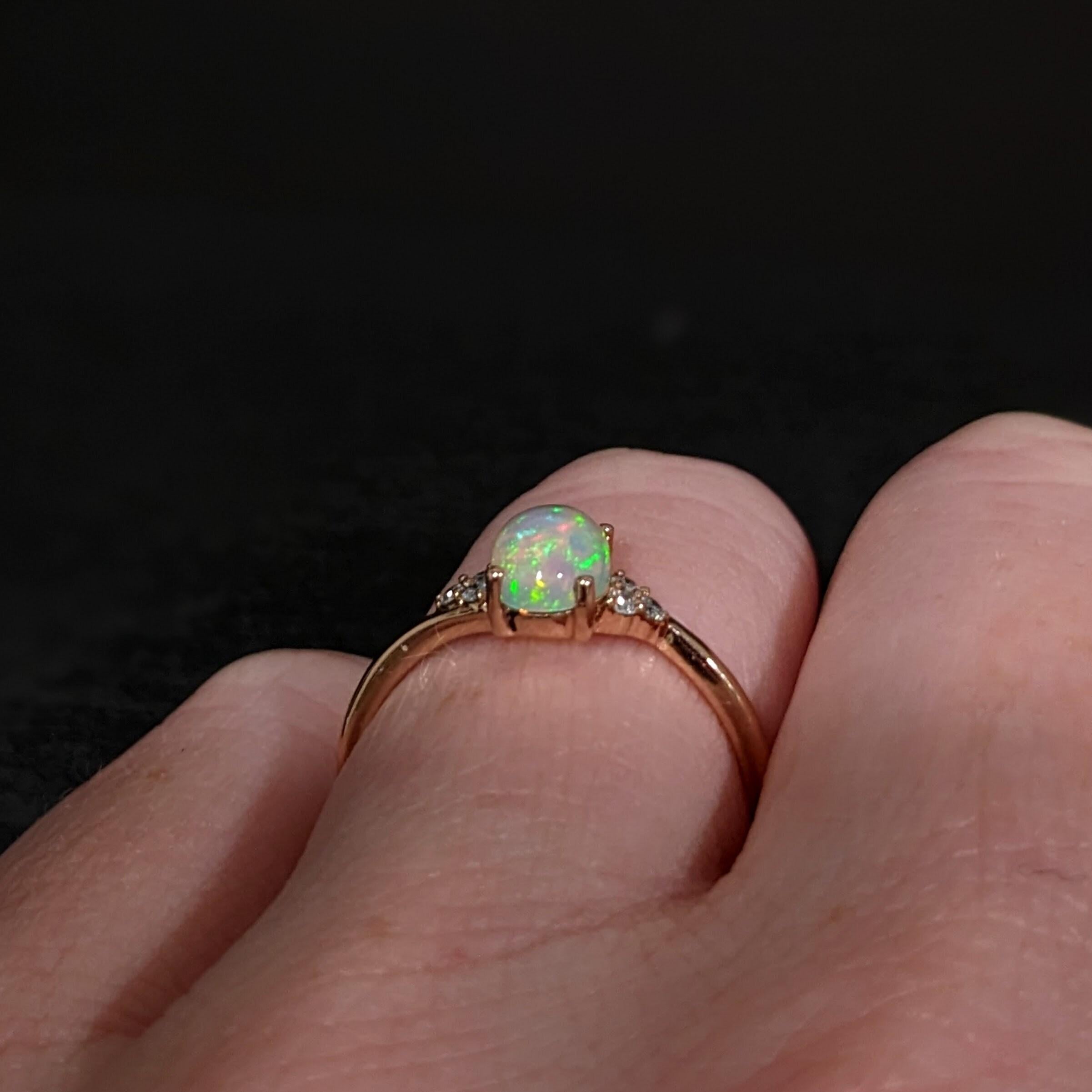 Ethiopian Opal Bypass Ring w Earth Mined Diamonds in Solid 14K Gold Oval 7x5mm
