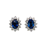 Blue Sapphire Studs w Earth Mined Diamond Halo in Solid 14K White Gold |OV 6x4mm
