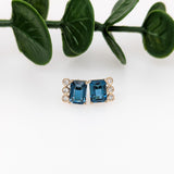 London Blue Topaz Stud Earrings w Earth Mined Diamonds in Solid 14K Gold EM 9x5