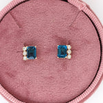 London Blue Topaz Stud Earrings w Earth Mined Diamonds in Solid 14K Gold EM 9x5