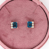 London Blue Topaz Stud Earrings w Earth Mined Diamonds in Solid 14K Gold EM 9x5