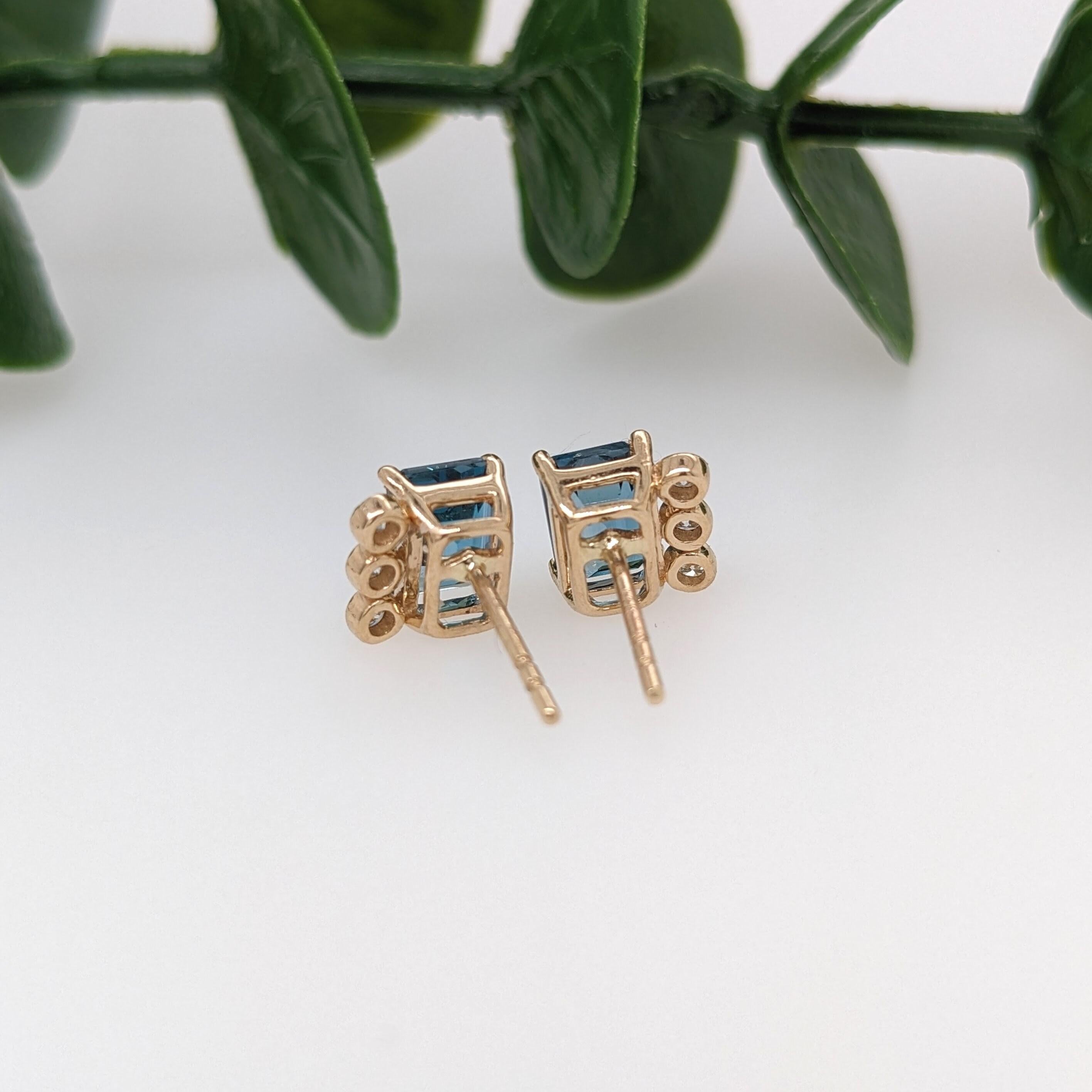 London Blue Topaz Stud Earrings w Earth Mined Diamonds in Solid 14K Gold EM 9x5