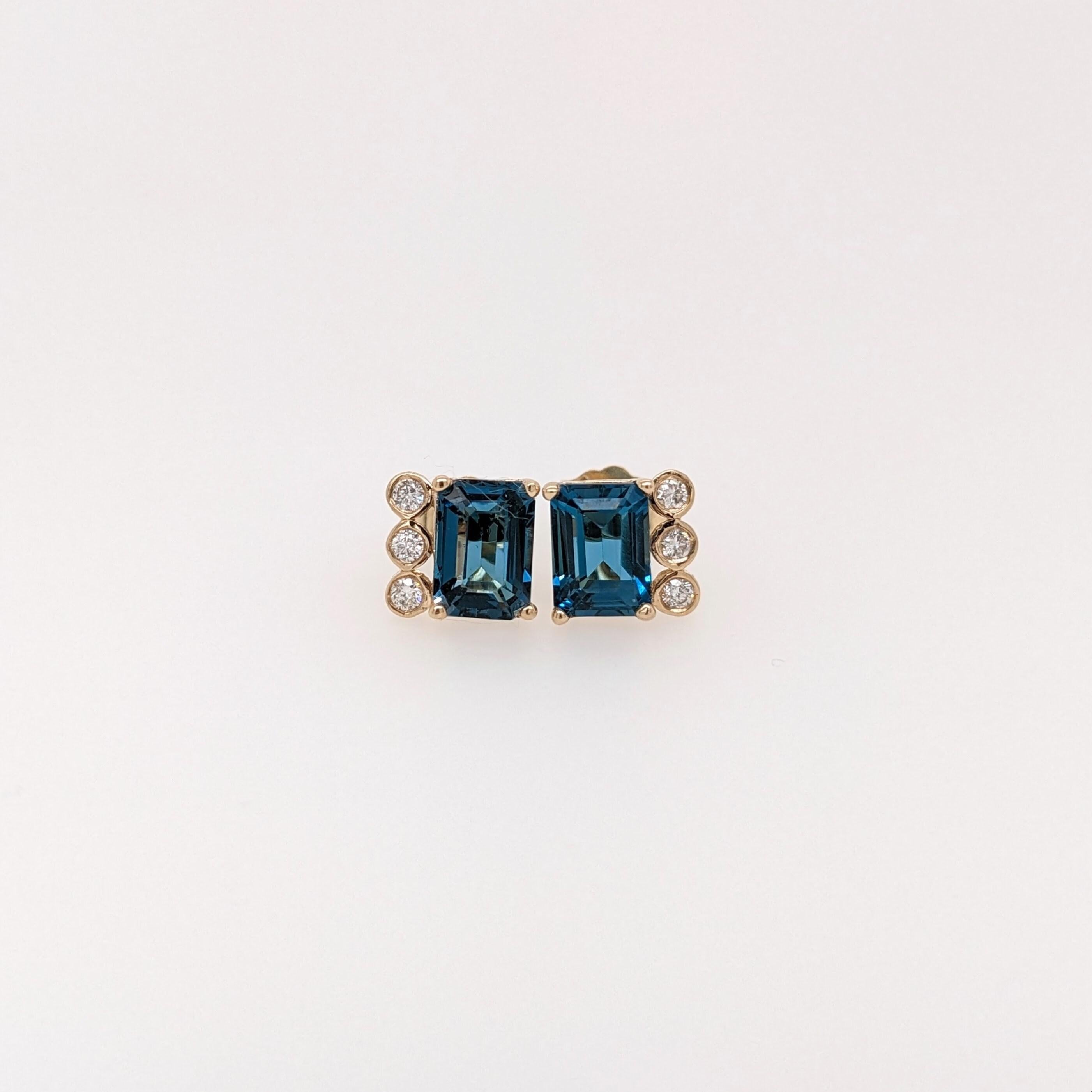 London Blue Topaz Stud Earrings w Earth Mined Diamonds in Solid 14K Gold EM 9x5