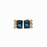 London Blue Topaz Stud Earrings w Earth Mined Diamonds in Solid 14K Gold | Emerald Cut 9x5mm