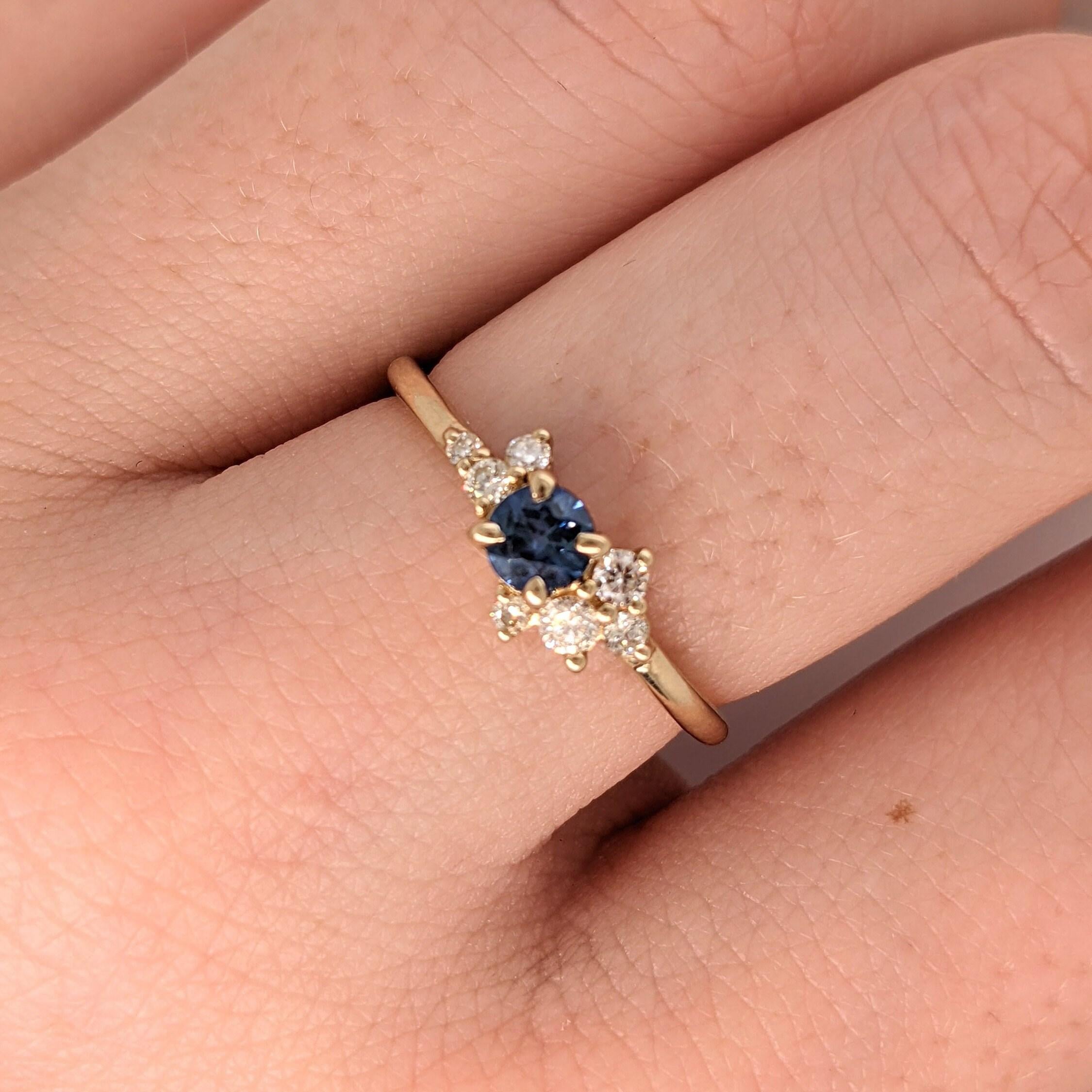 Cute Sapphire Ring w Earth Mined Diamonds in Solid 14K Yellow Gold | Round 4mm