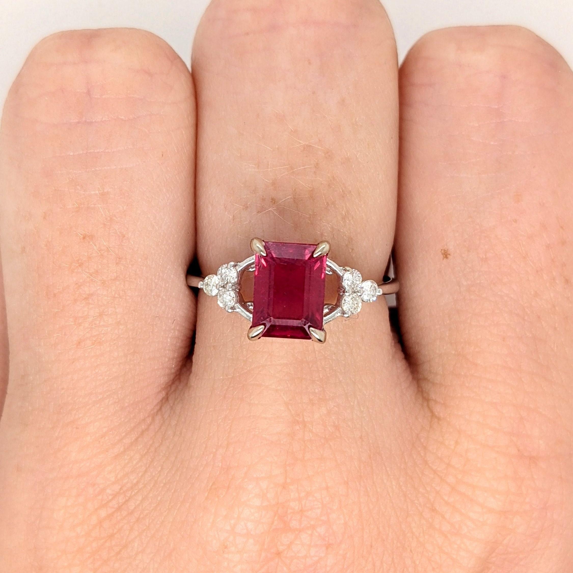 Cherry Red Ruby Ring w Earth Mined Diamonds in Solid 14K Gold EM 8x6mm