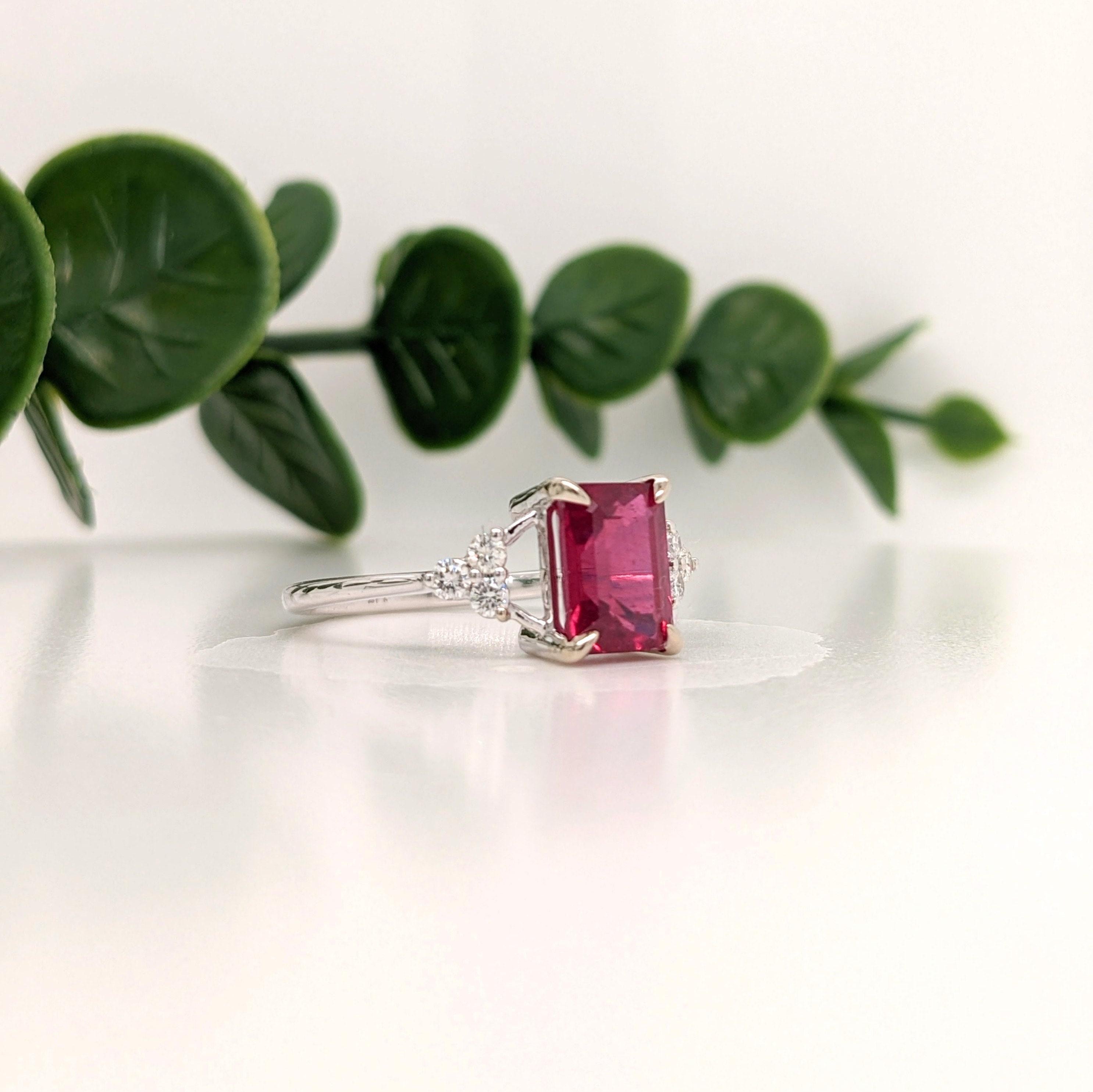 Cherry Red Ruby Ring w Earth Mined Diamonds in Solid 14K Gold EM 8x6mm