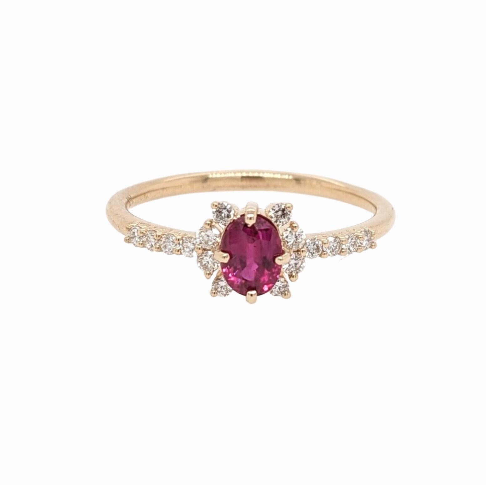 Dainty Red Ruby Ring w Earth Mined Diamonds in Solid 14K Yellow Gold Oval 5.3x4