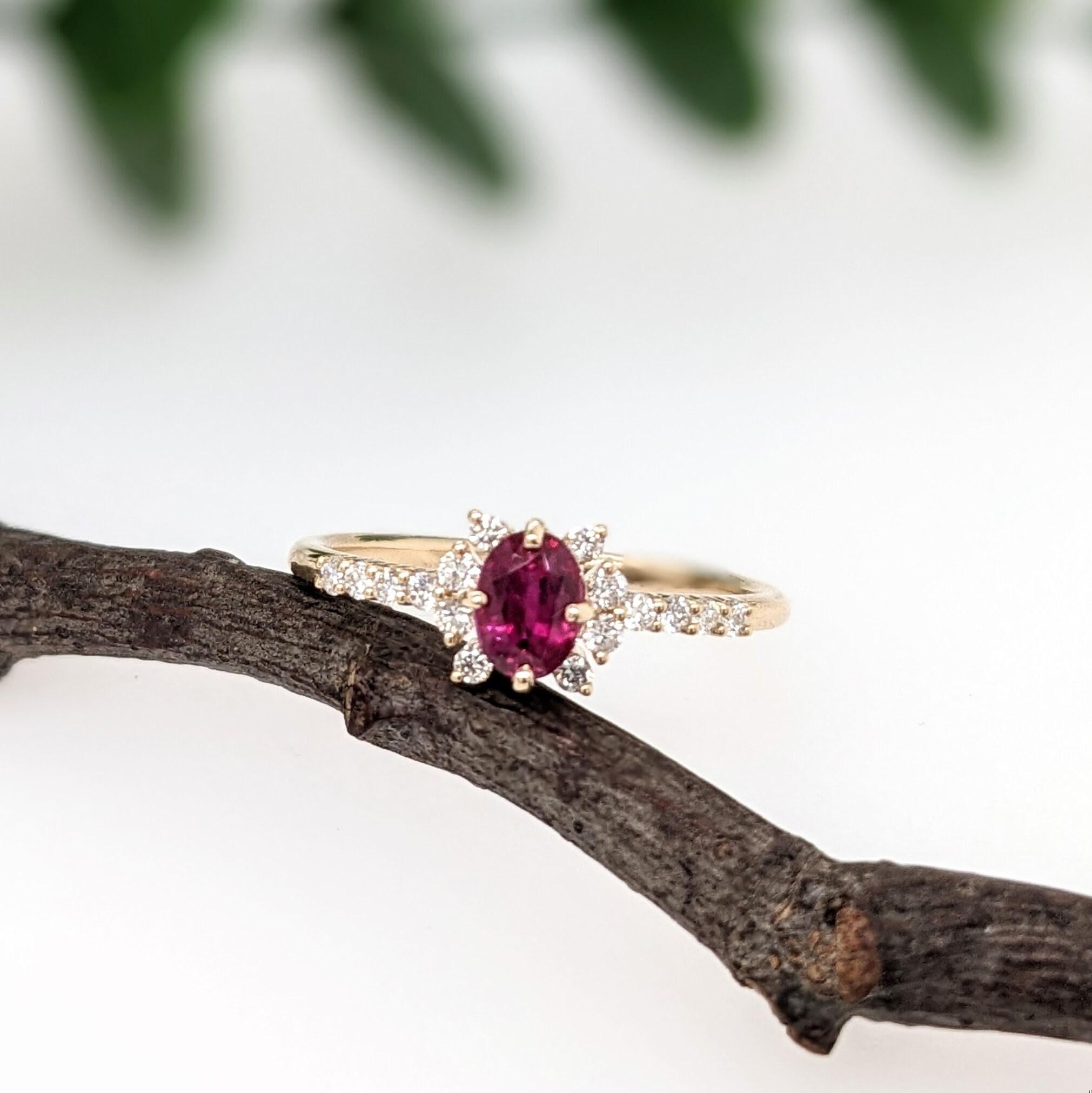 Dainty Red Ruby Ring w Earth Mined Diamonds in Solid 14K Yellow Gold Oval 5.3x4