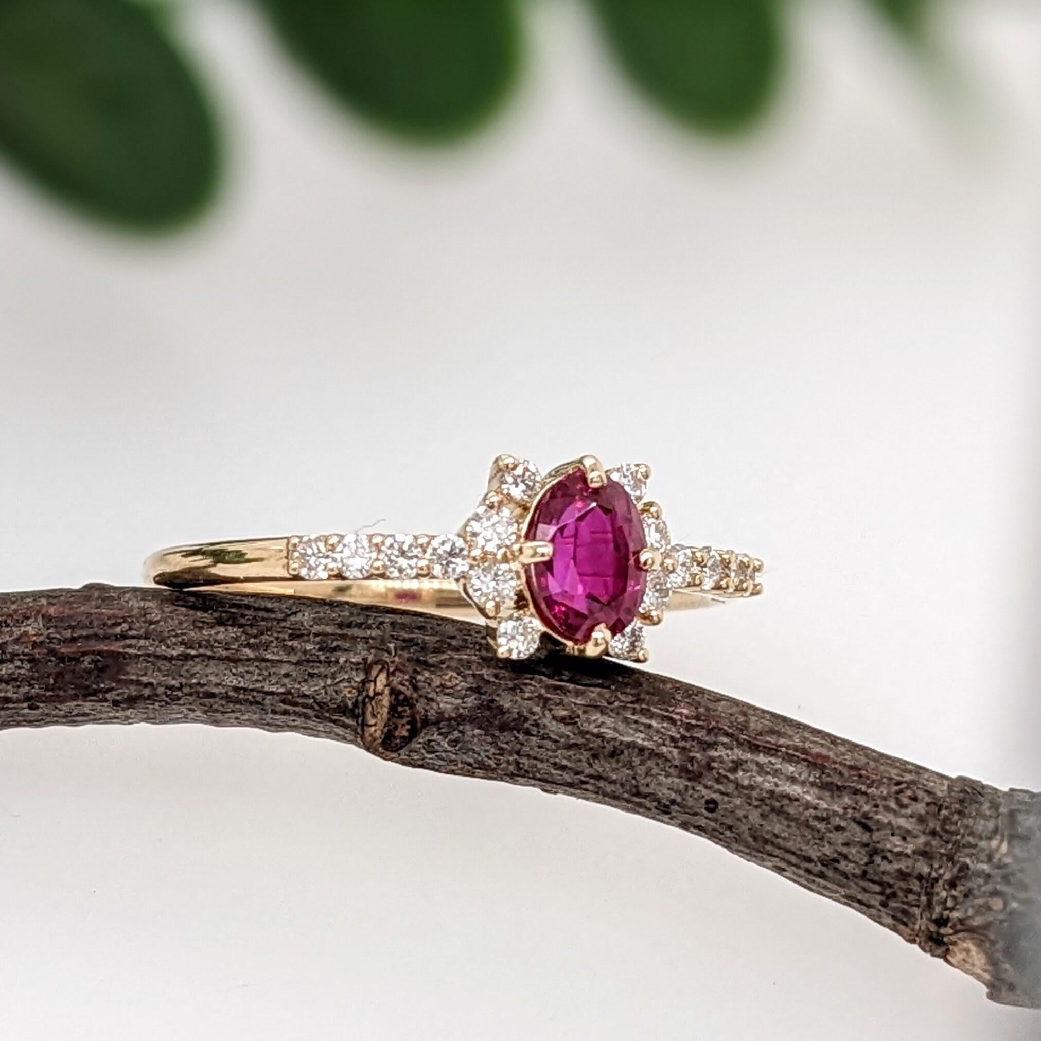 Dainty Red Ruby Ring w Earth Mined Diamonds in Solid 14K Yellow Gold Oval 5.3x4