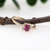 Dainty Red Ruby Ring w Earth Mined Diamonds in Solid 14K Yellow Gold Oval 5.3x4