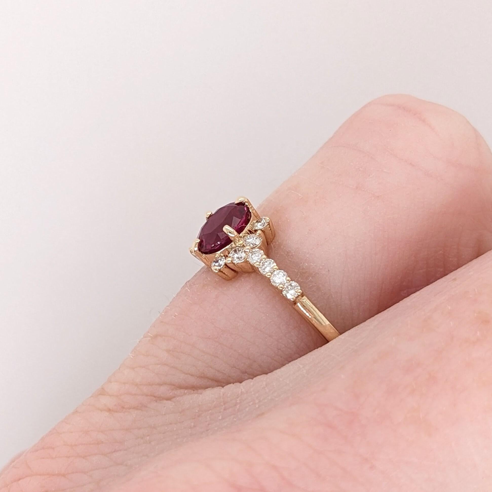 Dainty Red Ruby Ring w Earth Mined Diamonds in Solid 14K Yellow Gold Oval 5.3x4