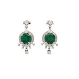 Zambian Emerald Drop Earrings w Earth Mined Diamonds in Solid 14k White Gold | Round 8mm | May Birthstone