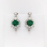 Zambian Emerald Dangle Earrings w Earth Mined Diamonds in Solid 14k White Gold