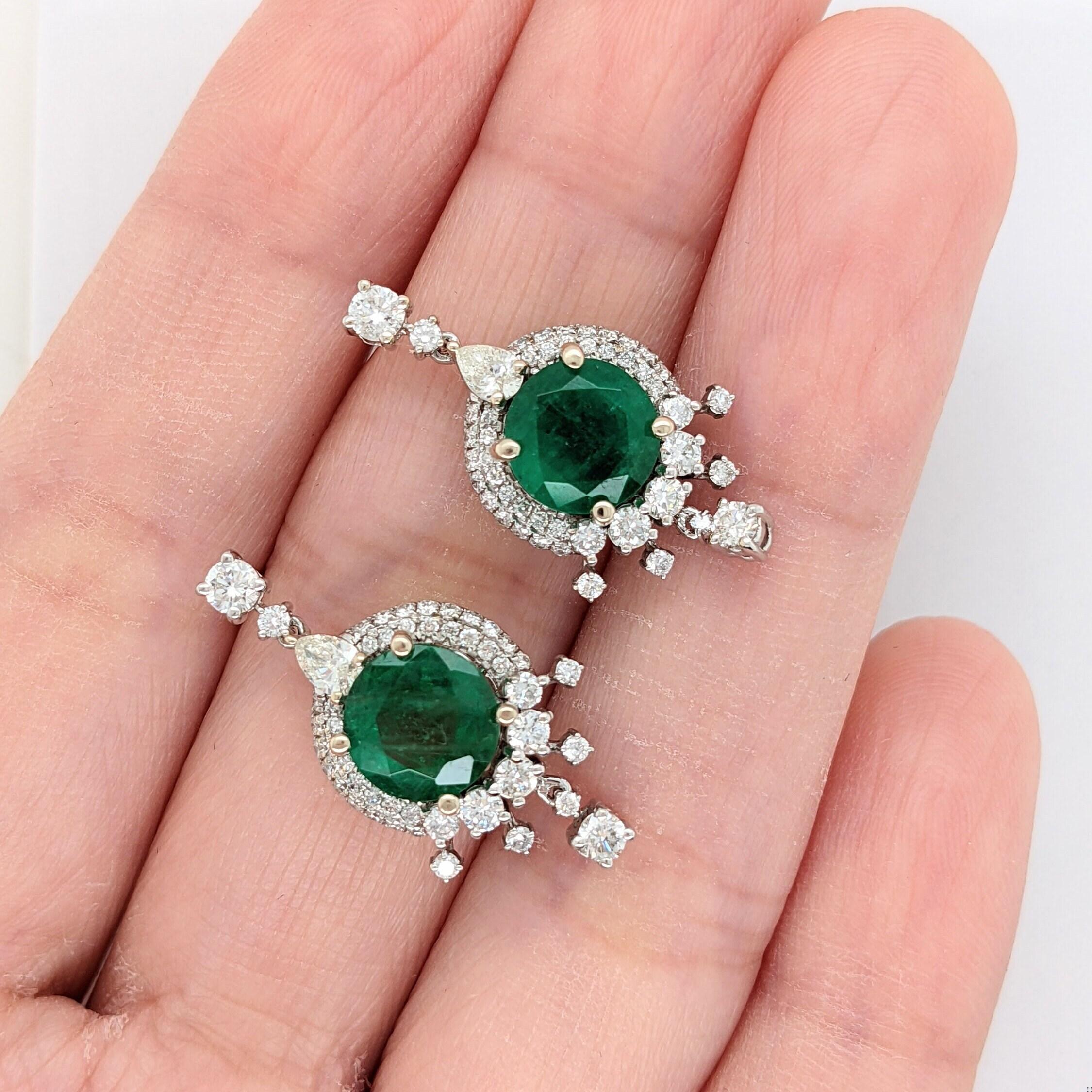 Zambian Emerald Dangle Earrings w Earth Mined Diamonds in Solid 14k White Gold