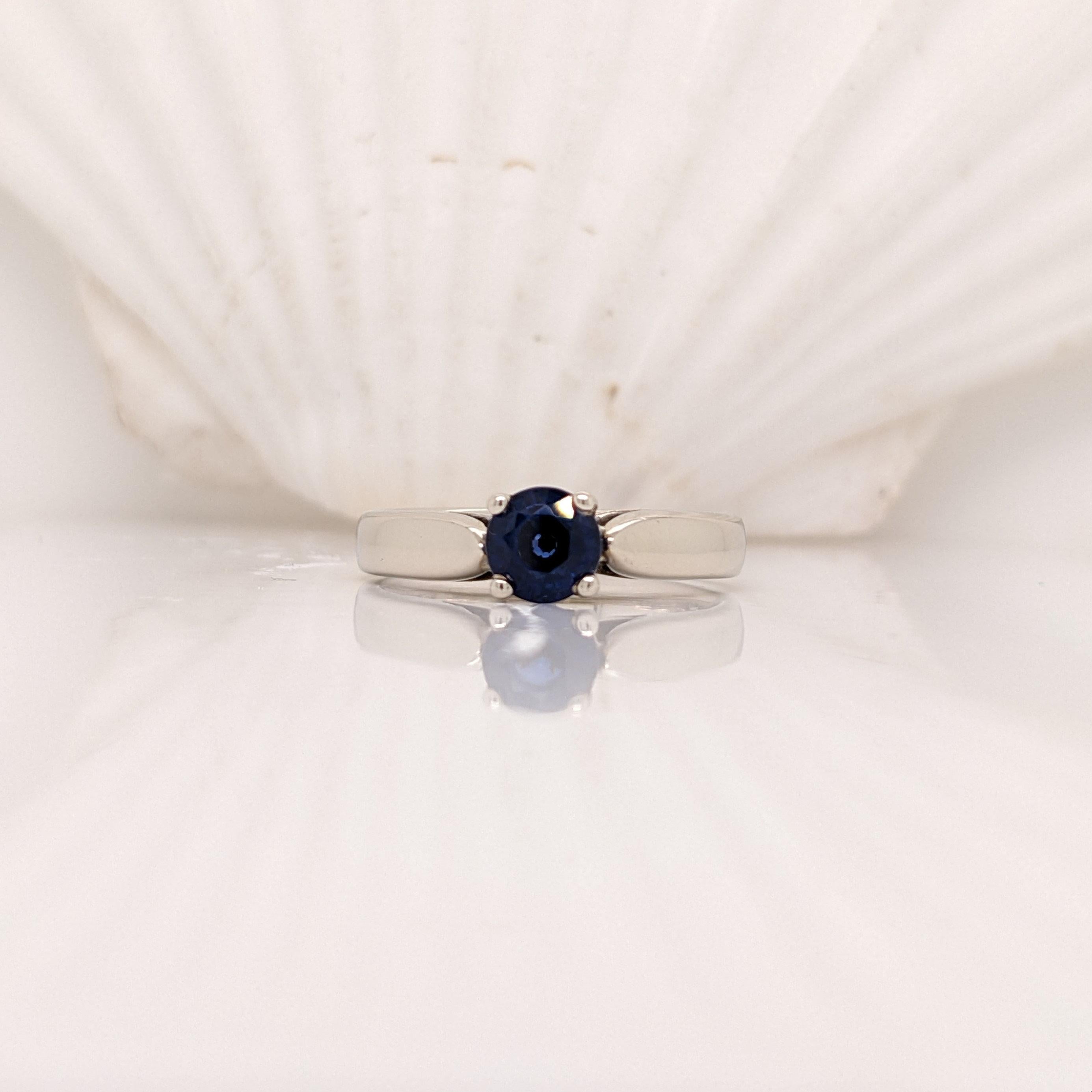1.2ct Deep Blue Sapphire Ring in Solid 14K White Gold Round 6mm | Solitaire Ring