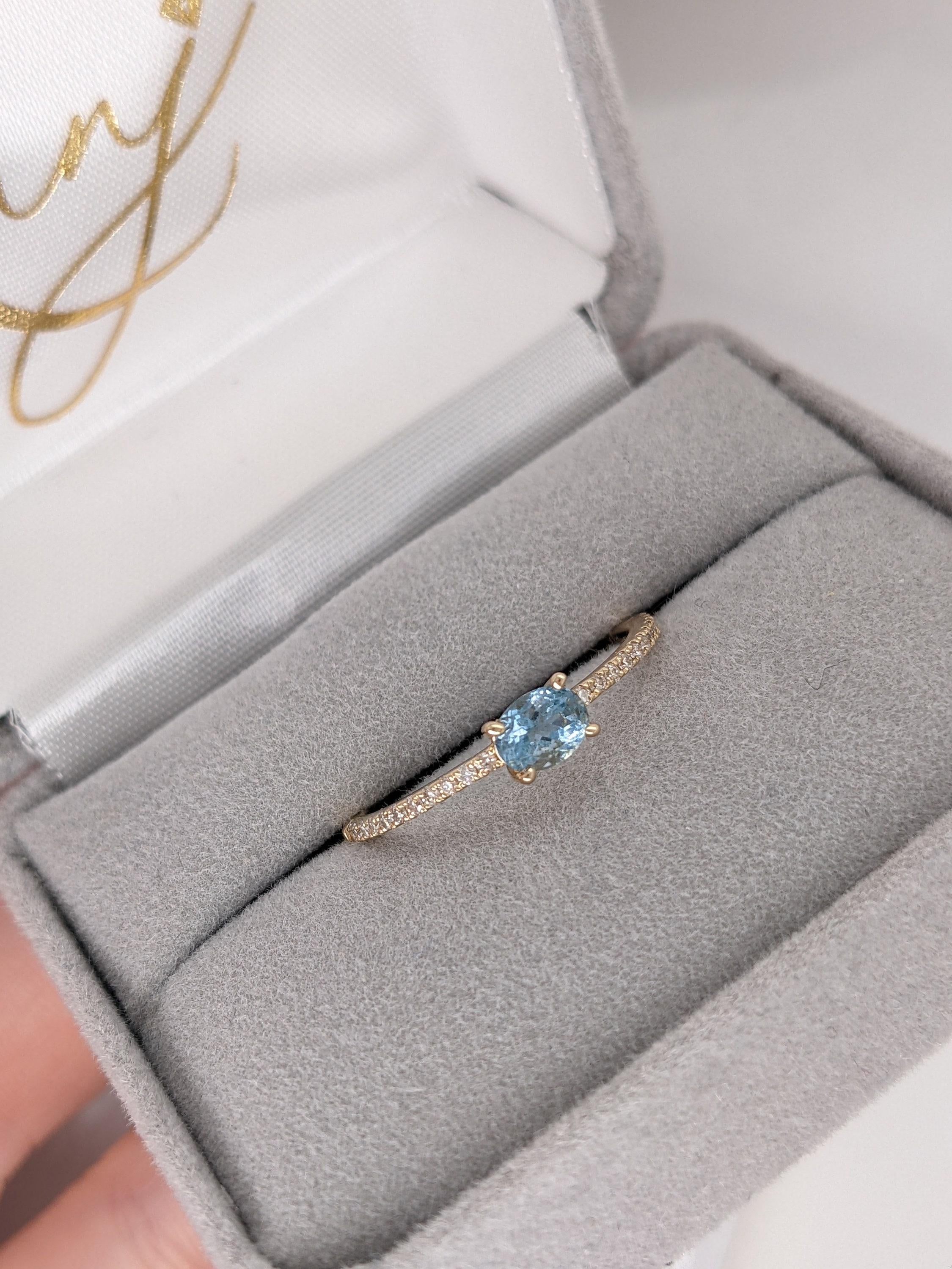 East West Aquamarine Ring w Earth Mined Diamonds in Solid 14k Yellow Gold OV 4x3