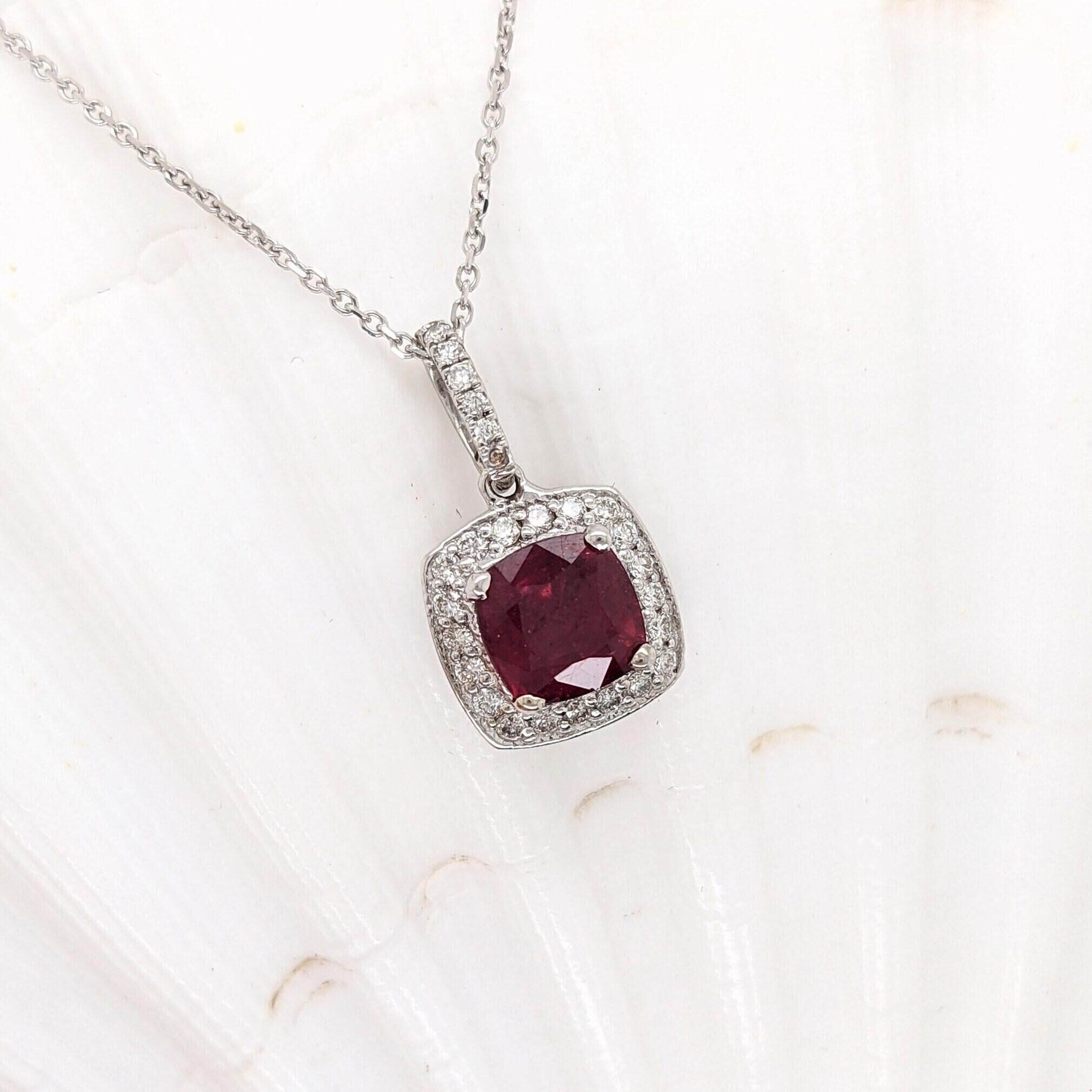 1.4ct Ruby Pendant w Earth Mined Diamonds in Solid 14K White Gold Cushion 6mm