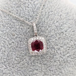 1.4ct Ruby Pendant w Earth Mined Diamonds in Solid 14K White Gold Cushion 6mm