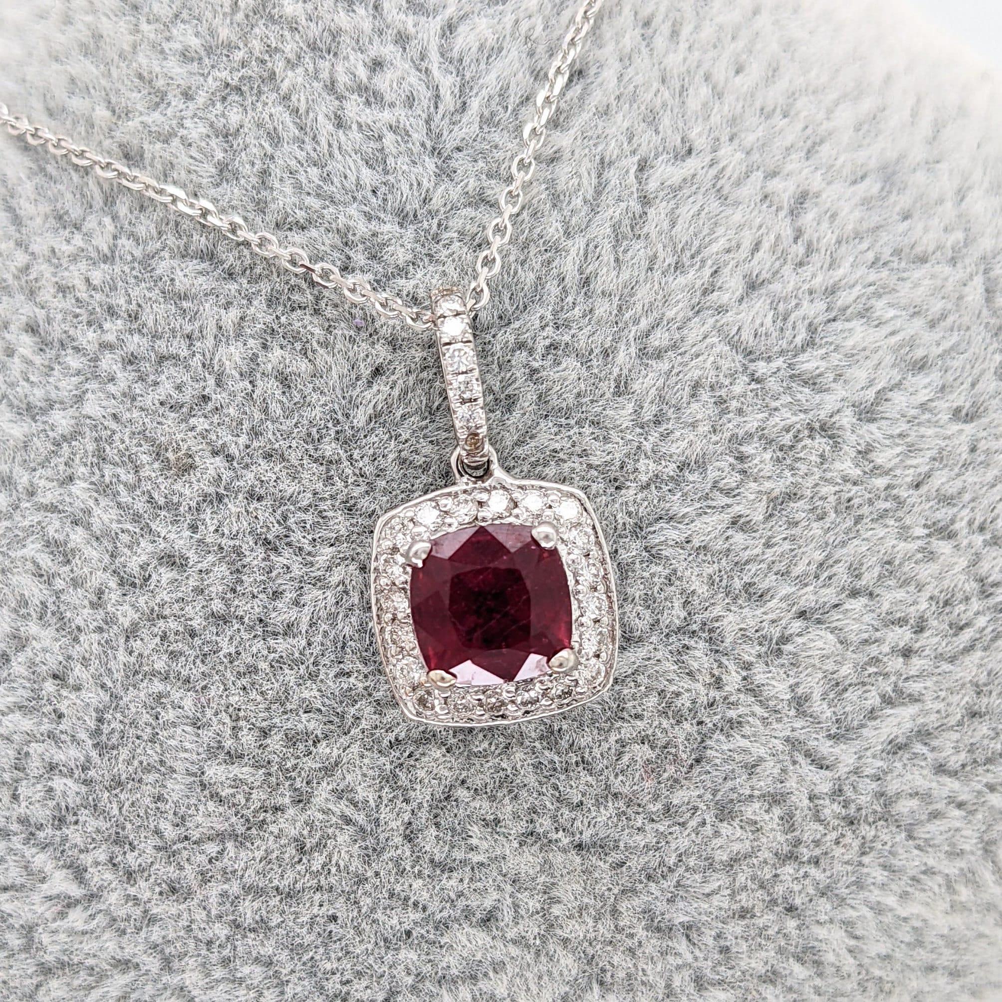 1.4ct Ruby Pendant w Earth Mined Diamonds in Solid 14K White Gold Cushion 6mm