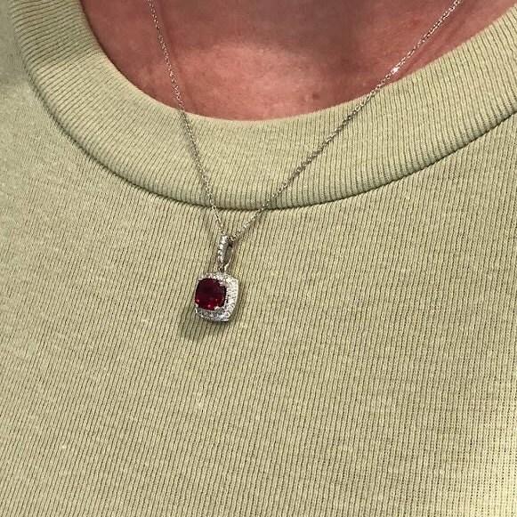 1.4ct Ruby Pendant w Earth Mined Diamonds in Solid 14K White Gold Cushion 6mm