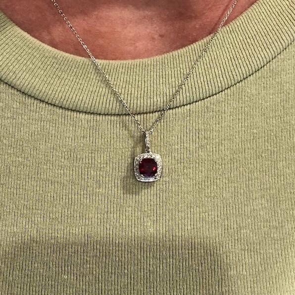 1.4ct Ruby Pendant w Earth Mined Diamonds in Solid 14K White Gold Cushion 6mm