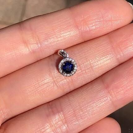 Blue Sapphire Pendant w Earth Mined Diamonds in Solid 14K White Gold Round 4mm