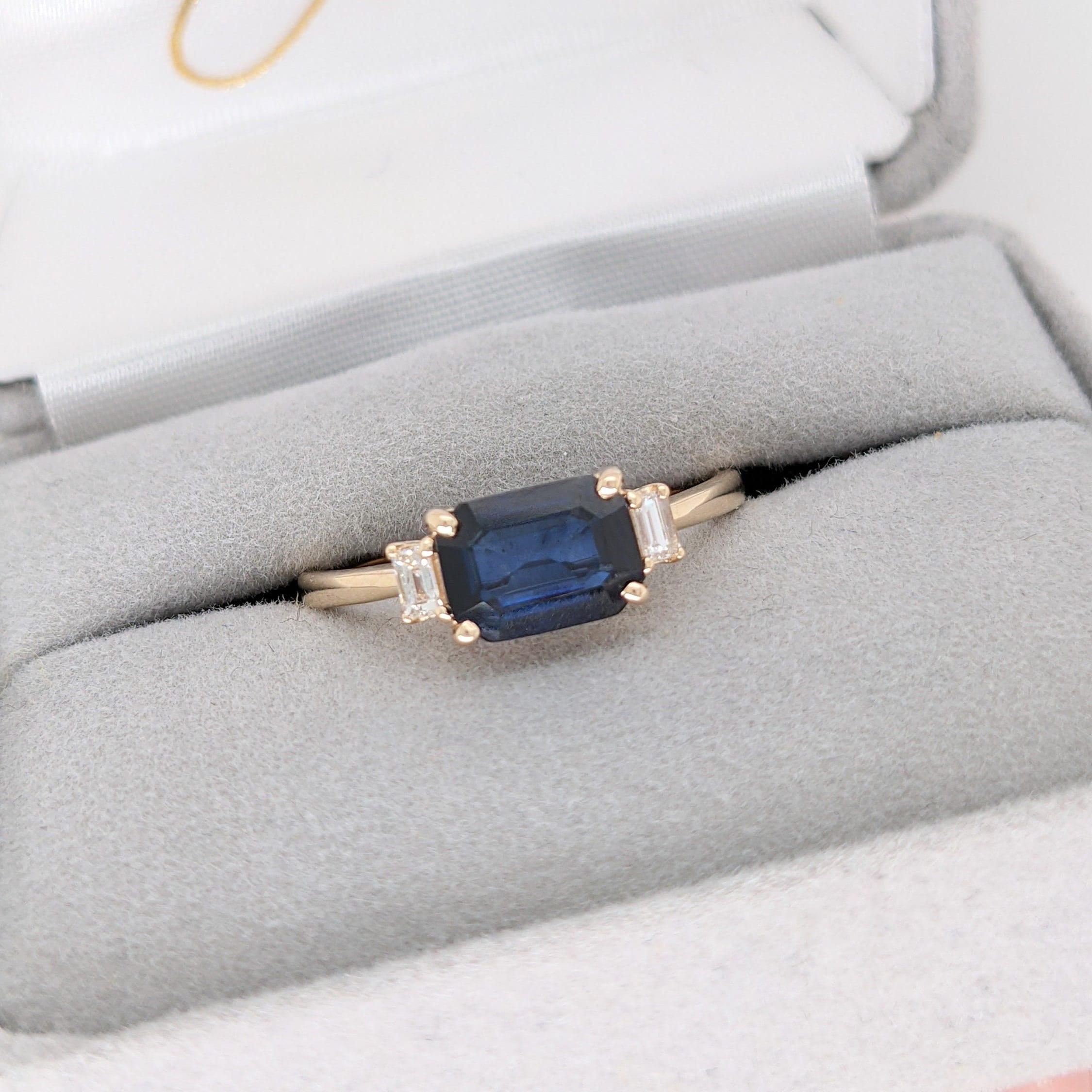 1.3ct East West Sapphire Ring w Earth Mined Diamonds in Solid 14k Gold EM 7x5mm