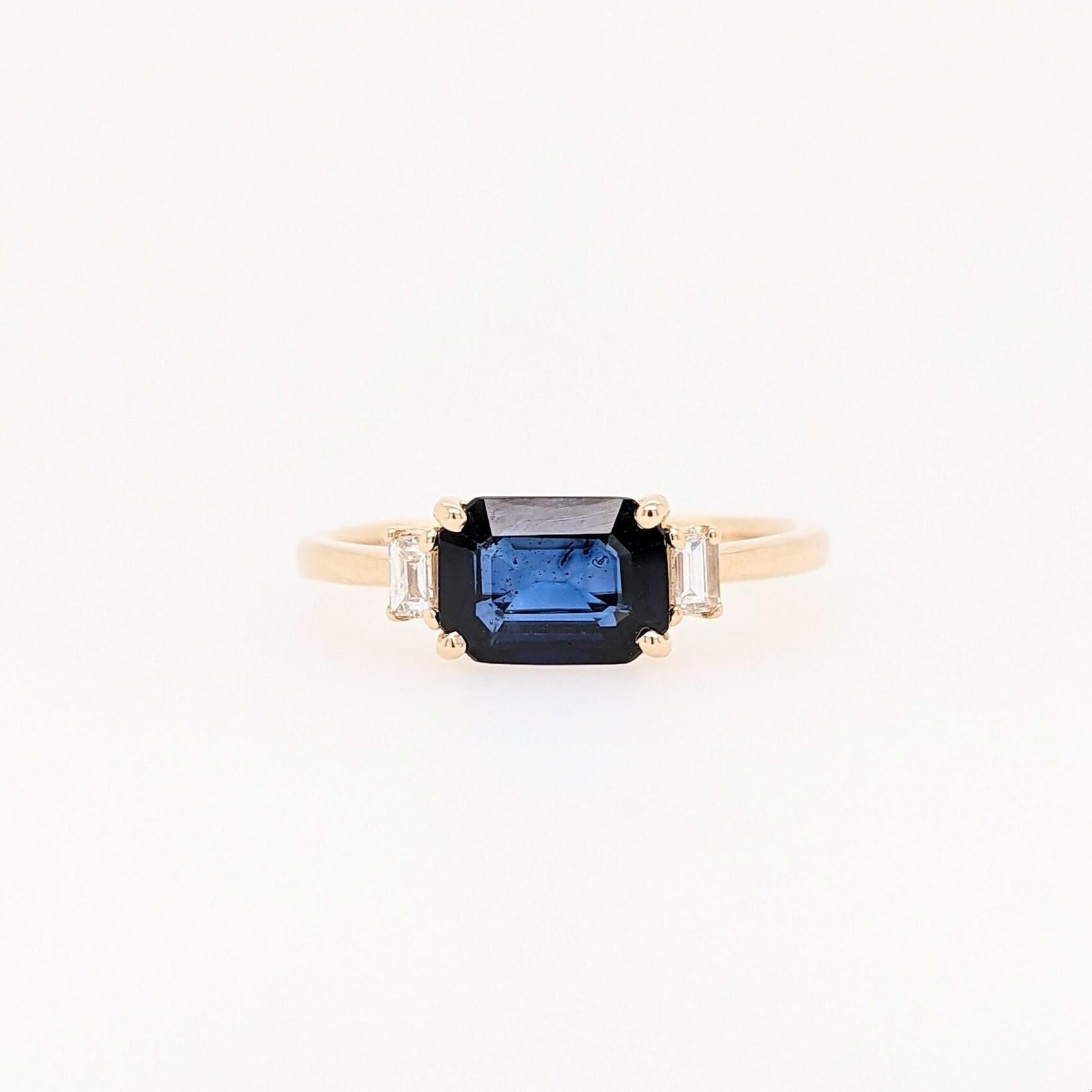 1.3ct East West Sapphire Ring w Earth Mined Diamonds in Solid 14k Gold EM 7x5mm