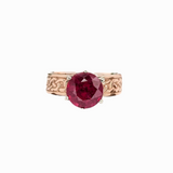 Previously Loved Ruby Ring with Celtic Knot Band Etching in 14K Yellow Gold