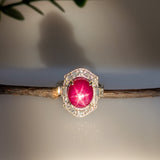 8ct Star Ruby Ring w Diamond Accents and Milgrain details in 14K Gold | OV 12x10