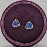 Tanzanite Stud Earring w Earth Mined Diamonds in Solid 14k White Gold Trillion 6mm