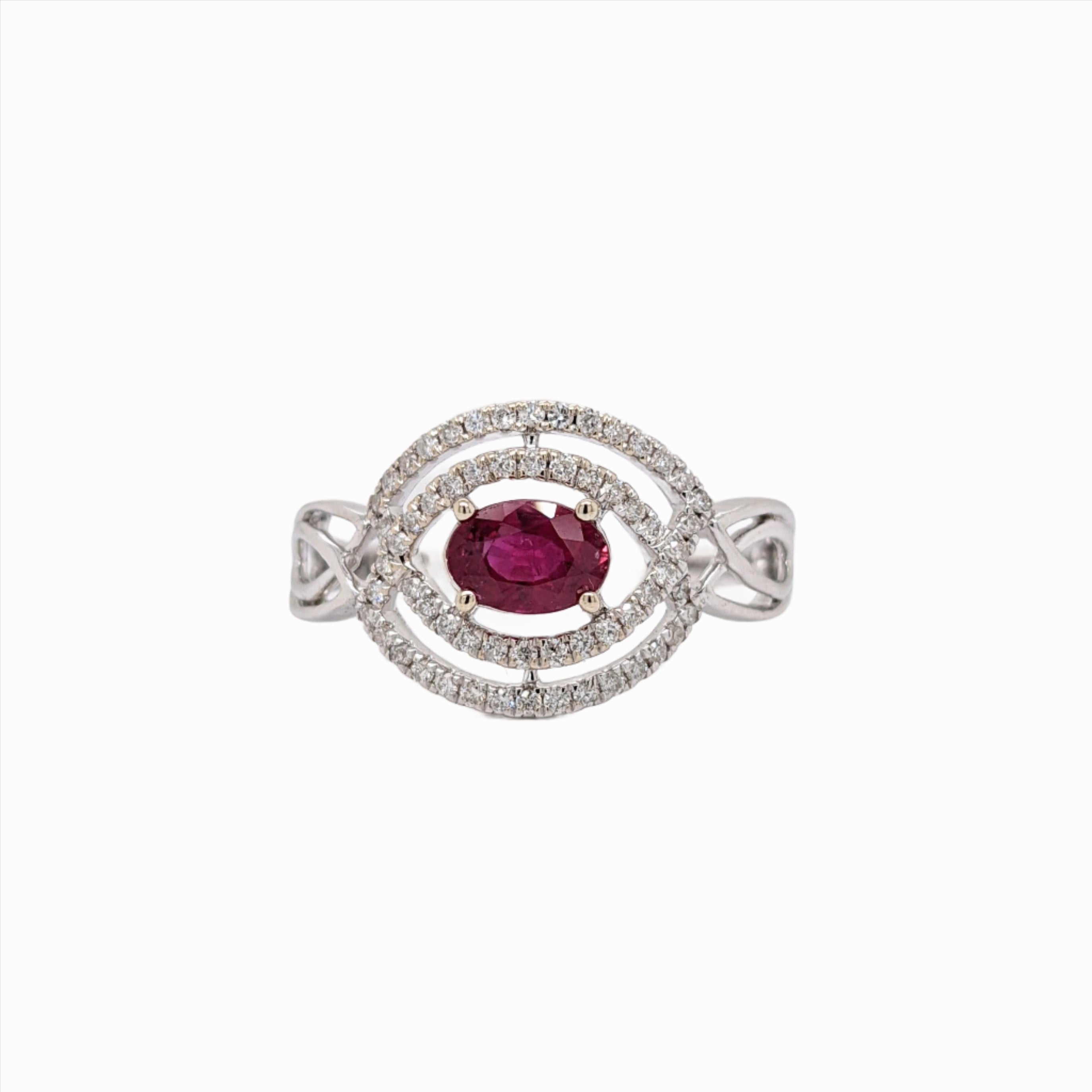 East West Red Ruby Ring w Earth Mined Diamond in Solid 14k White Gold Oval 6x4mm