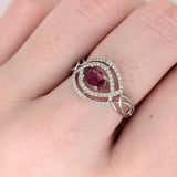 East West Red Ruby Ring w Earth Mined Diamond in Solid 14k White Gold Oval 6x4mm