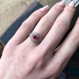 East West Red Ruby Ring w Earth Mined Diamond in Solid 14k White Gold Oval 6x4mm