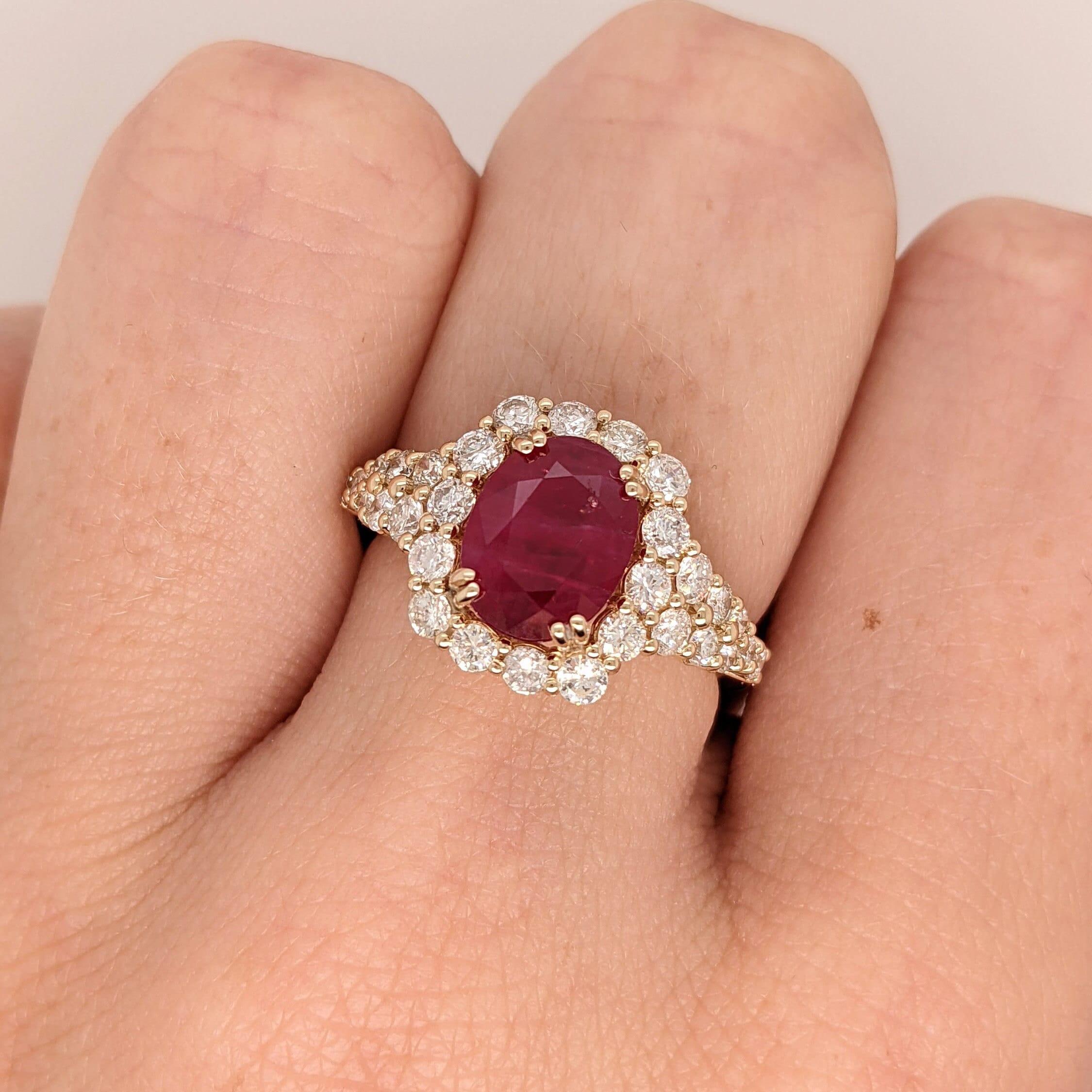 1.9ct Red Ruby Ring w Earth Mined Diamonds in Solid 14K Yellow Gold Cushion 8x6